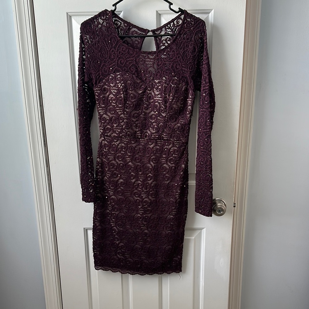 Elegant Lace Long Sleeve Dress in Deep Purple